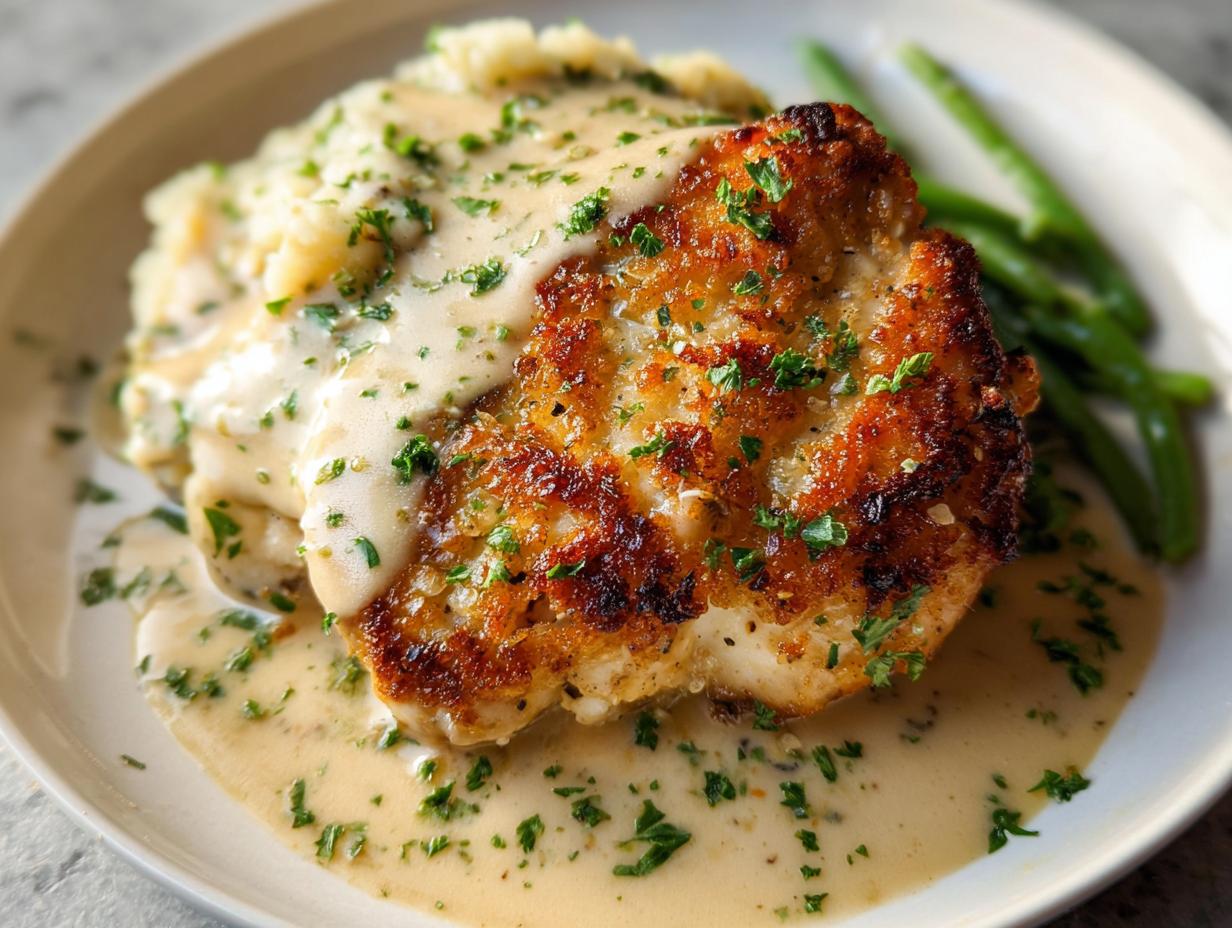 A golden-brown Parmesan Crusted Chicken breast generously topped with creamy garlic sauce and fresh parsley, served with mashed potatoes and green beans.