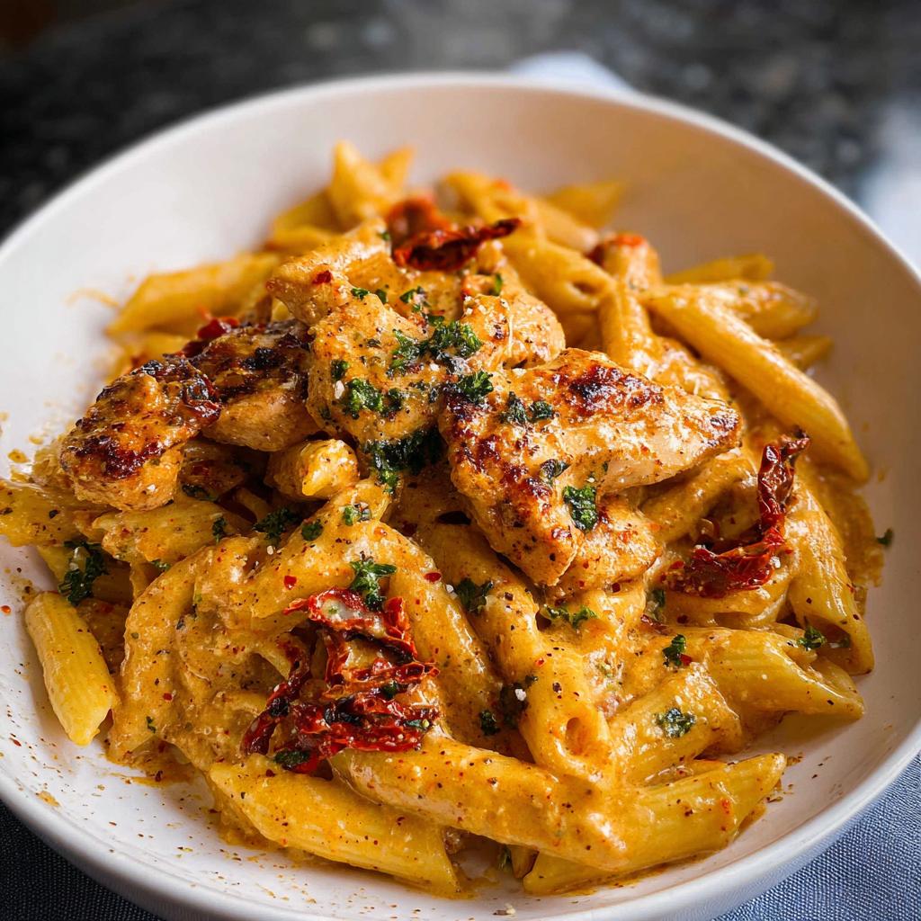 A close-up of creamy Parmesan Marry Me Chicken Pasta with penne, grilled chicken, and sun-dried tomatoes.