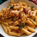 A close-up of creamy Parmesan Marry Me Chicken Pasta with grilled chicken strips and sun-dried tomatoes.