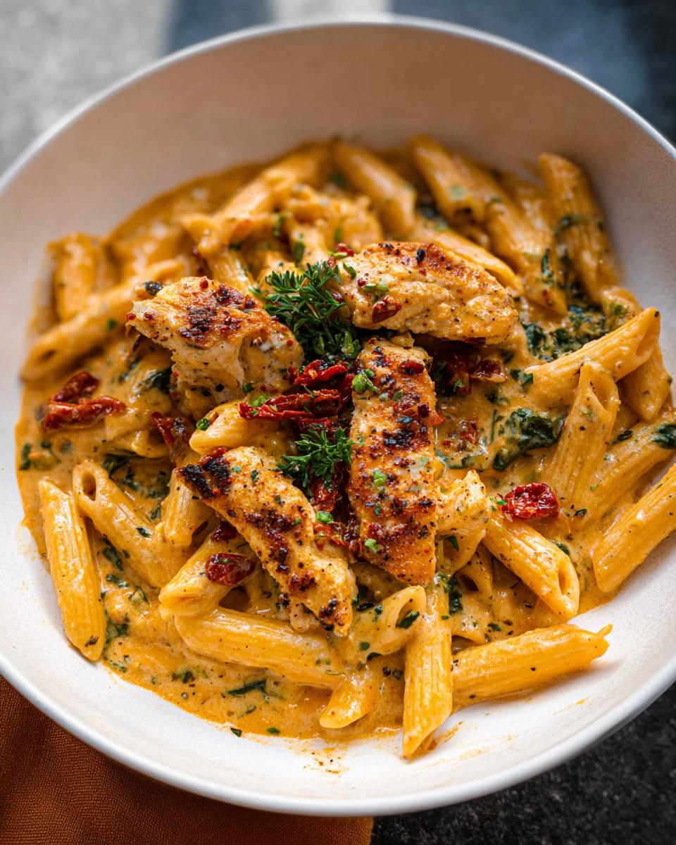 A bowl of creamy Parmesan Marry Me Chicken Pasta with penne, grilled chicken strips, sun-dried tomatoes, and spinach.