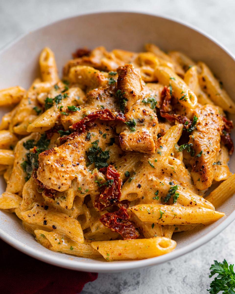 A close-up of creamy Parmesan Marry Me Chicken Pasta with penne, chicken pieces, sun-dried tomatoes, and herbs.