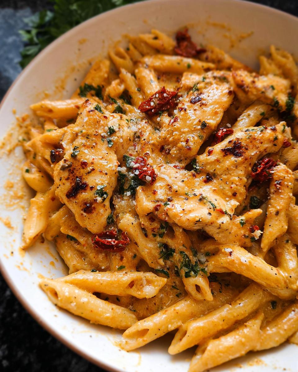 A close-up of creamy Parmesan Marry Me Chicken Pasta with penne noodles, sliced chicken, and sun-dried tomatoes.