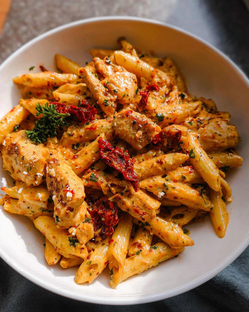 A close-up of creamy Parmesan Marry Me Chicken Pasta with sun-dried tomatoes and parsley.