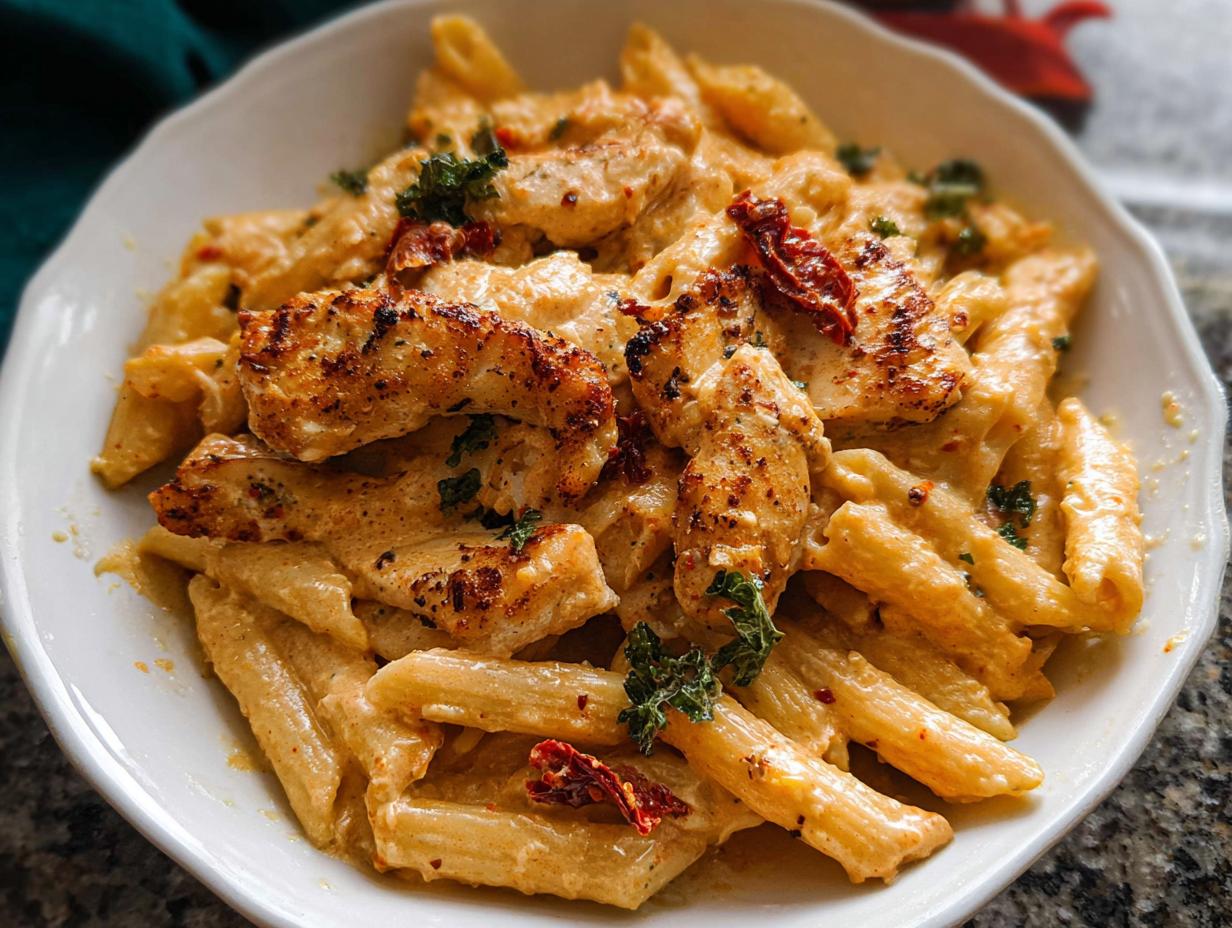 A close-up of creamy Parmesan Marry Me Chicken Pasta with grilled chicken strips and sun-dried tomatoes.