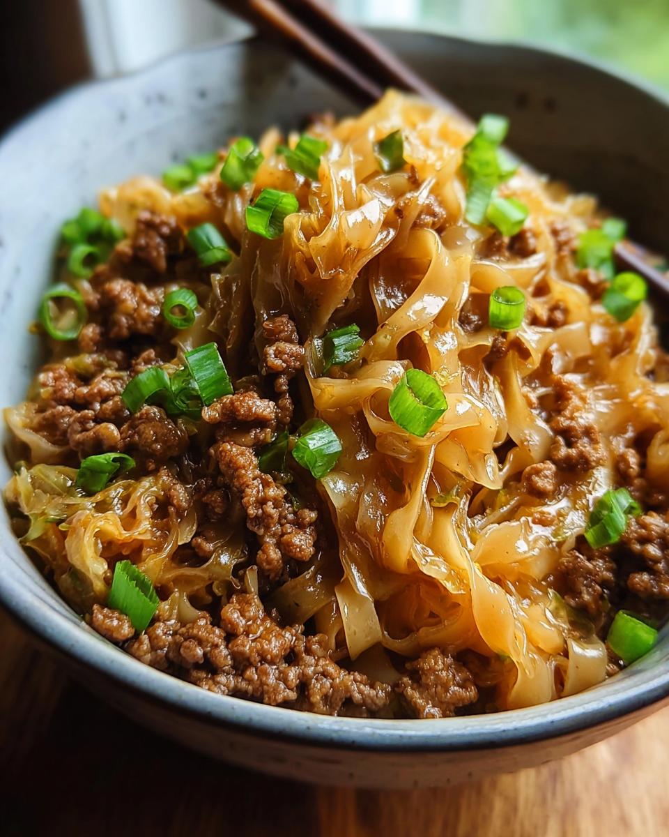Close-up of a bowl of Potsticker Noodle Bowl with Pork & Cabbage Slaw, topped with chopped green onions.