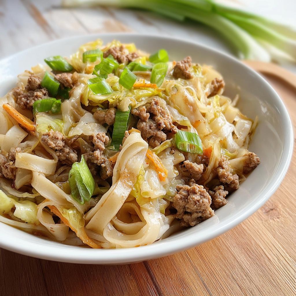 A close-up of a white bowl filled with Potsticker Noodle Bowl with Pork & Cabbage Slaw, garnished with green onions.