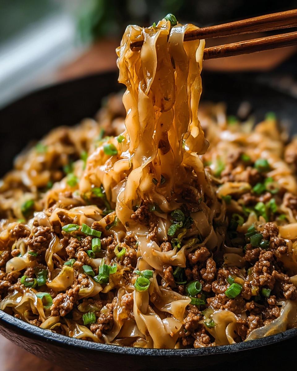 Close-up of chopsticks lifting noodles from a Potsticker Noodle Bowl with Pork & Cabbage Slaw.