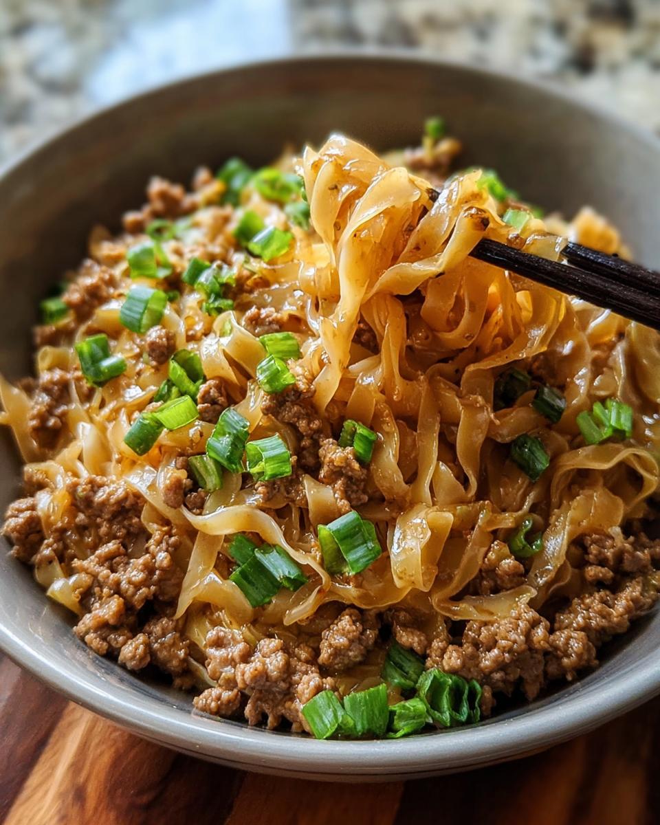 A close-up of a bowl of Potsticker Noodle Bowl with Pork & Cabbage Slaw, with noodles being lifted by chopsticks.