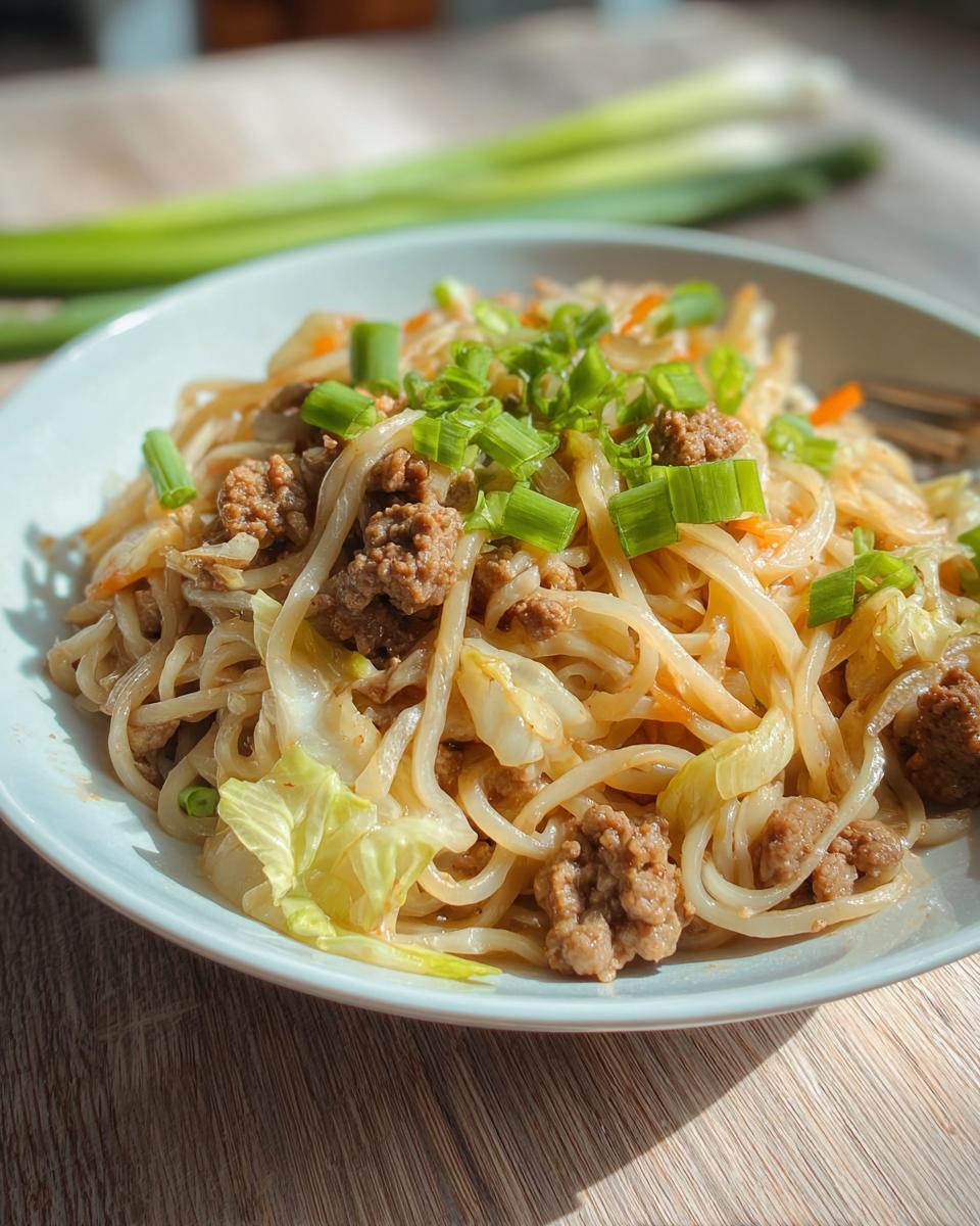 A close-up of a Potsticker Noodle Bowl with Pork & Cabbage Slaw, topped with fresh green onions.