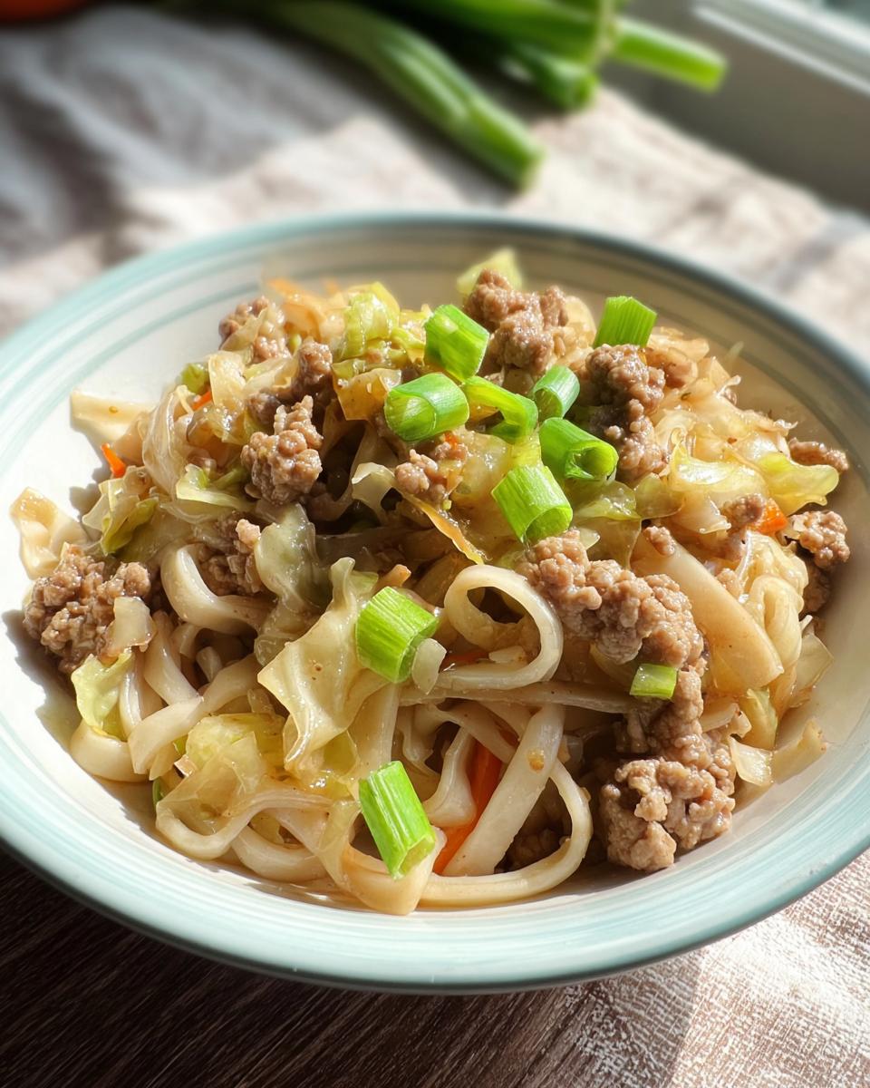 A close-up of a bowl filled with Potsticker Noodle Bowl with Pork & Cabbage Slaw, garnished with green onions.