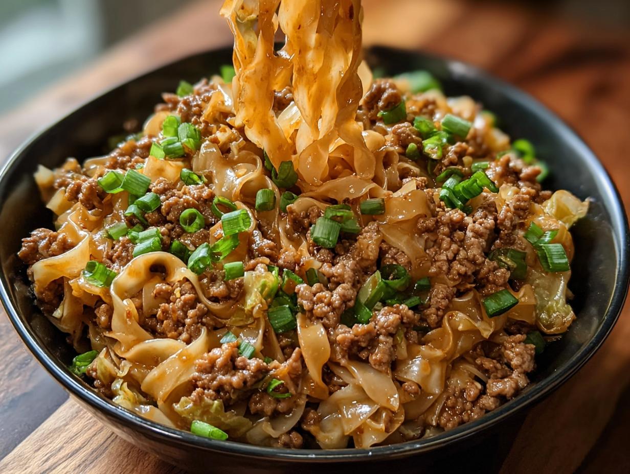 A close-up of a bowl filled with Potsticker Noodle Bowl with Pork & Cabbage Slaw, topped with chopped green onions.
