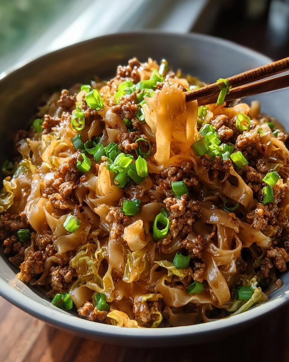 Close-up of a bowl of Potsticker Noodle Bowl with Pork & Cabbage Slaw, topped with green onions.