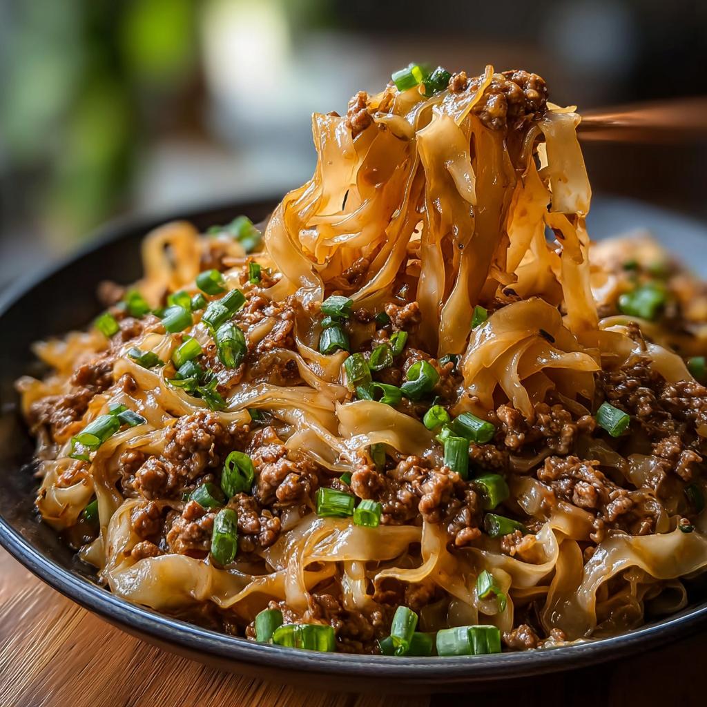 A close-up shot of a delicious Potsticker Noodle Bowl with Pork & Cabbage Slaw, featuring wide noodles and savory ground pork, garnished with green onions.