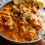A close-up of a bowl of Quick & Easy Homemade Butter Chicken served with fluffy white rice and a piece of naan bread.
