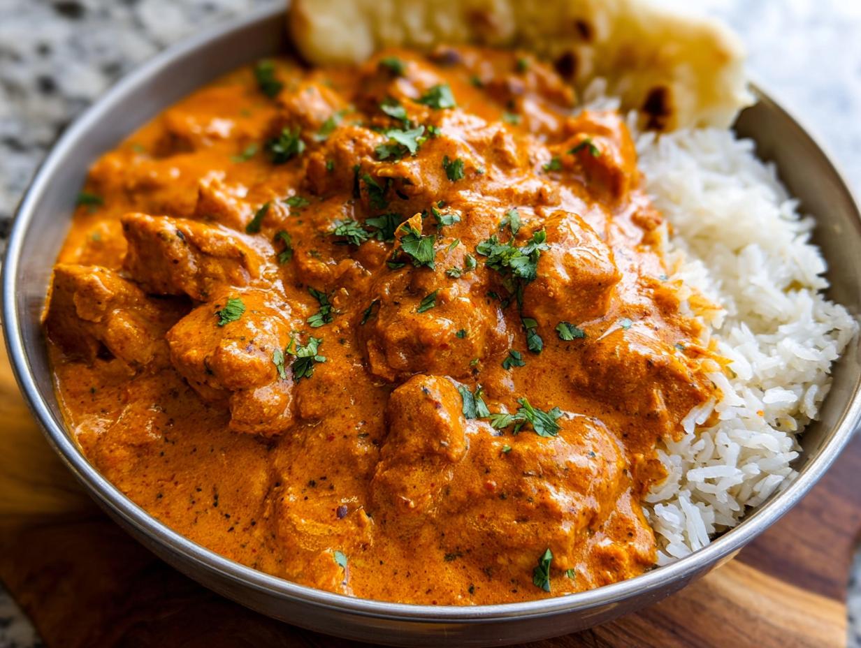 A close-up of a bowl of Quick & Easy Homemade Butter Chicken served with fluffy white rice and a piece of naan bread.