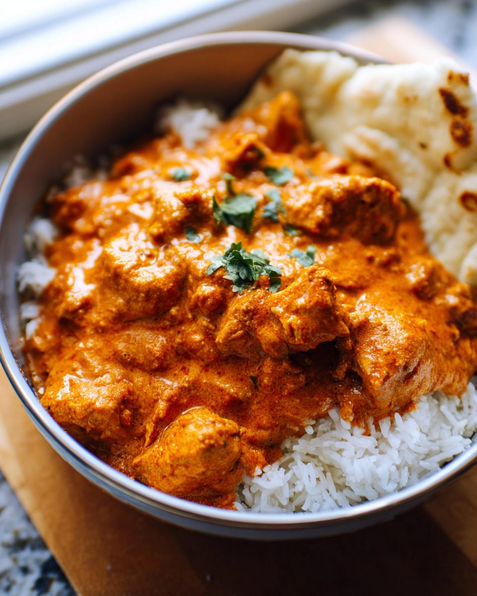 A bowl of Quick & Easy Homemade Butter Chicken served over fluffy white rice, garnished with cilantro, and a piece of naan bread.
