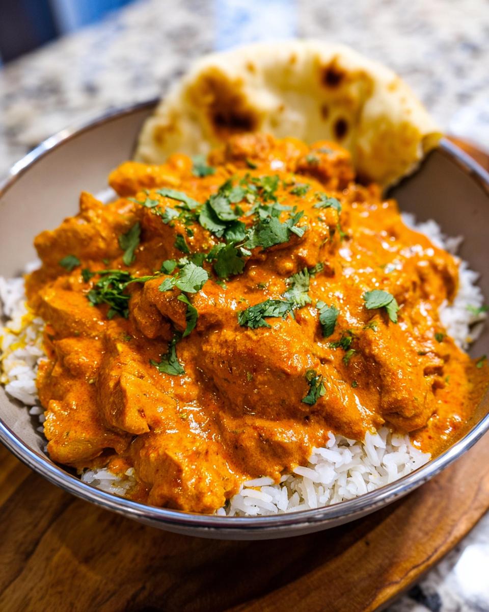 A bowl of Quick & Easy Homemade Butter Chicken served over fluffy white rice, garnished with fresh cilantro, with naan bread in the background.
