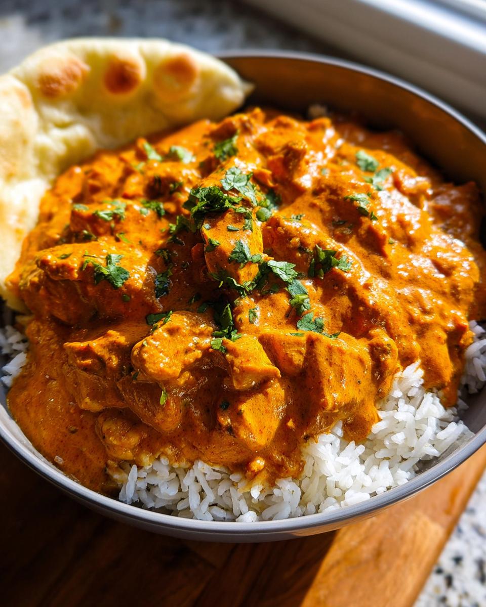 A bowl of Quick & Easy Homemade Butter Chicken served over fluffy white rice, garnished with fresh cilantro and a side of naan bread.