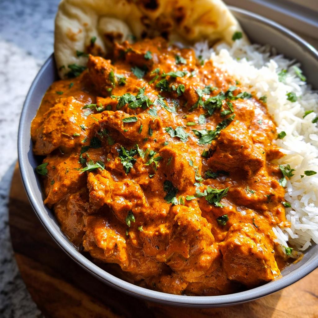 A close-up of a bowl filled with Quick & Easy Homemade Butter Chicken served with fluffy white rice and a piece of naan bread, garnished with fresh parsley.