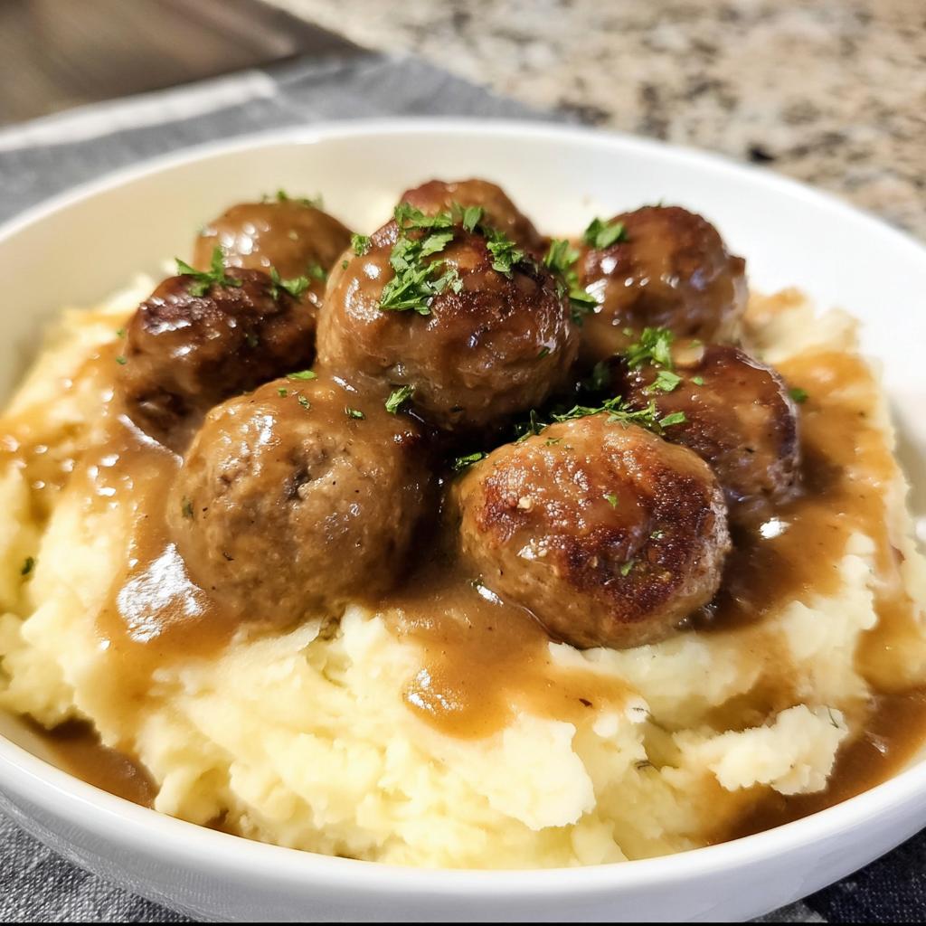 A close-up of Salisbury Steak Meatballs smothered in gravy, served over creamy Garlic Herb Mashed Potatoes and garnished with parsley.