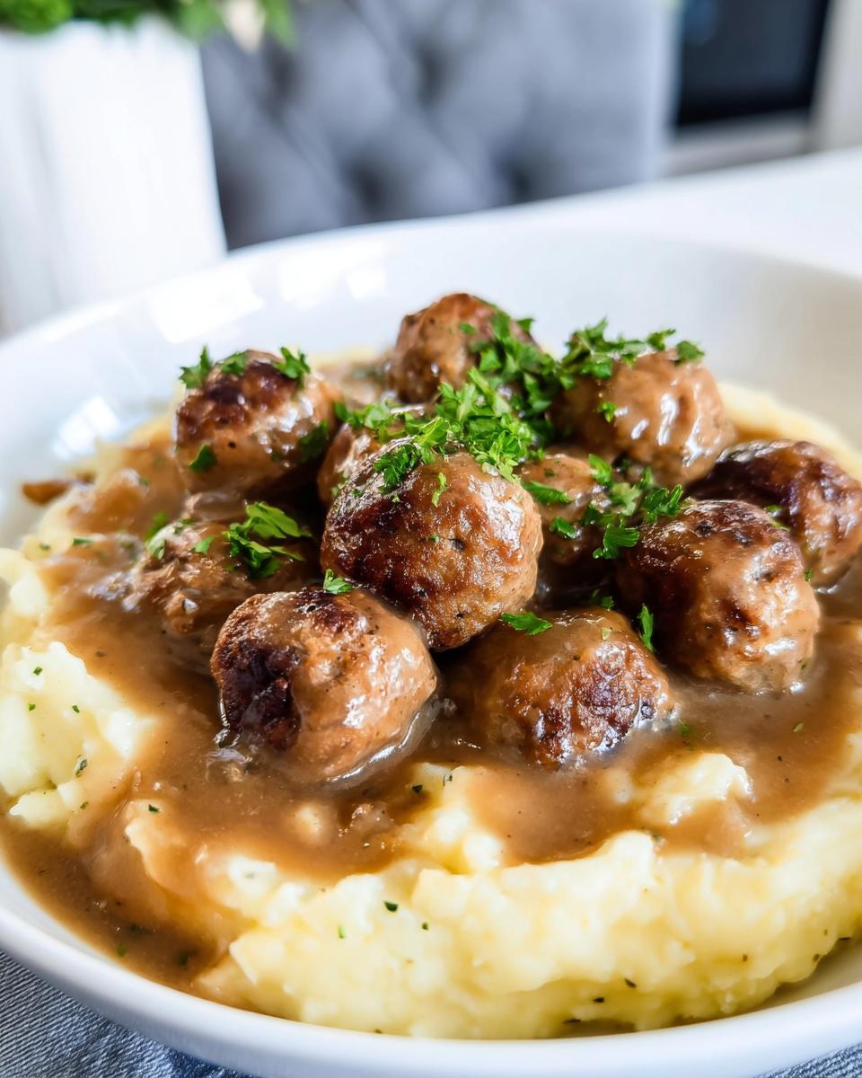 Close-up of Salisbury steak meatballs smothered in gravy served over fluffy garlic herb mashed potatoes, garnished with parsley.