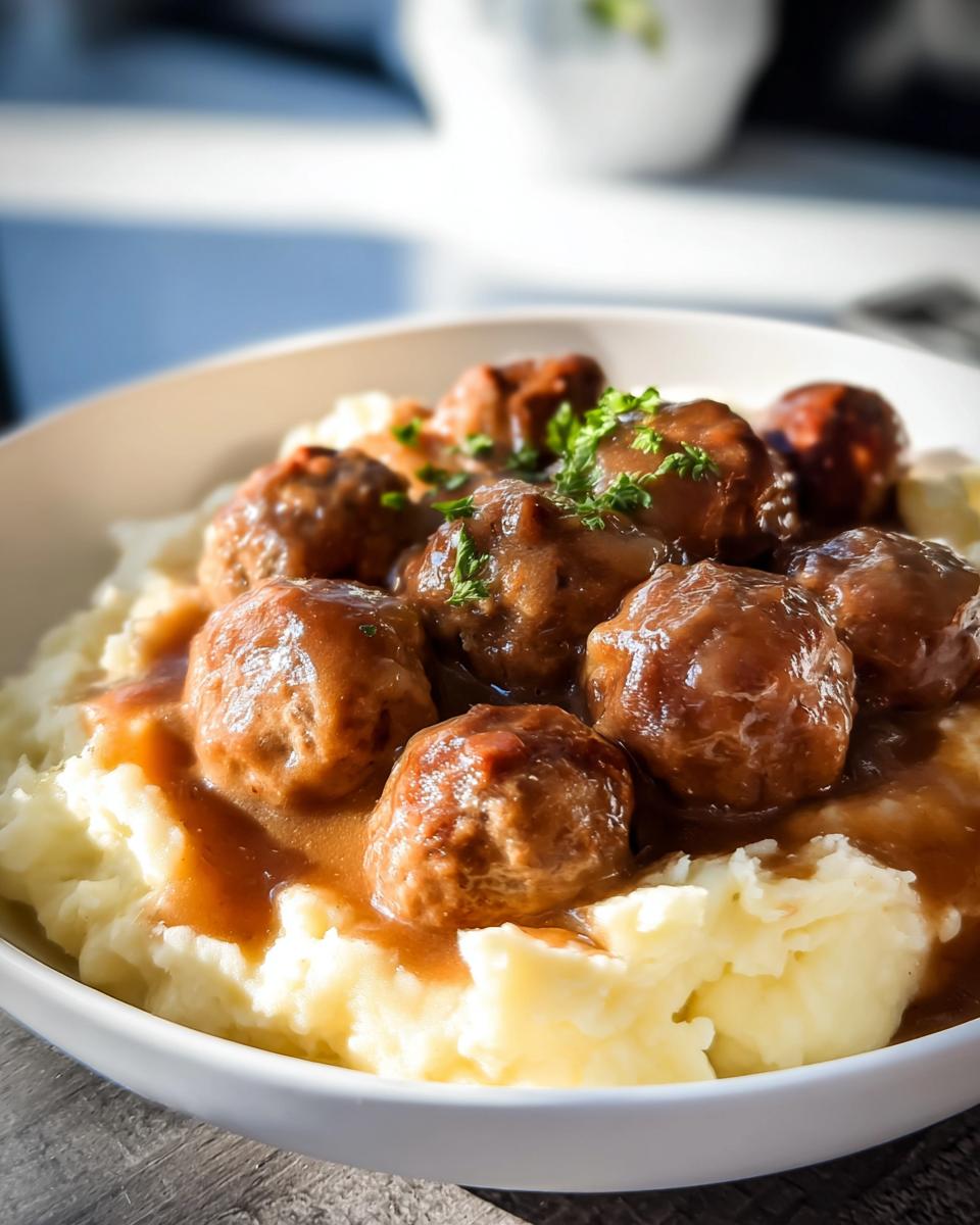 Close-up of Salisbury steak meatballs smothered in gravy served over creamy garlic herb mashed potatoes.