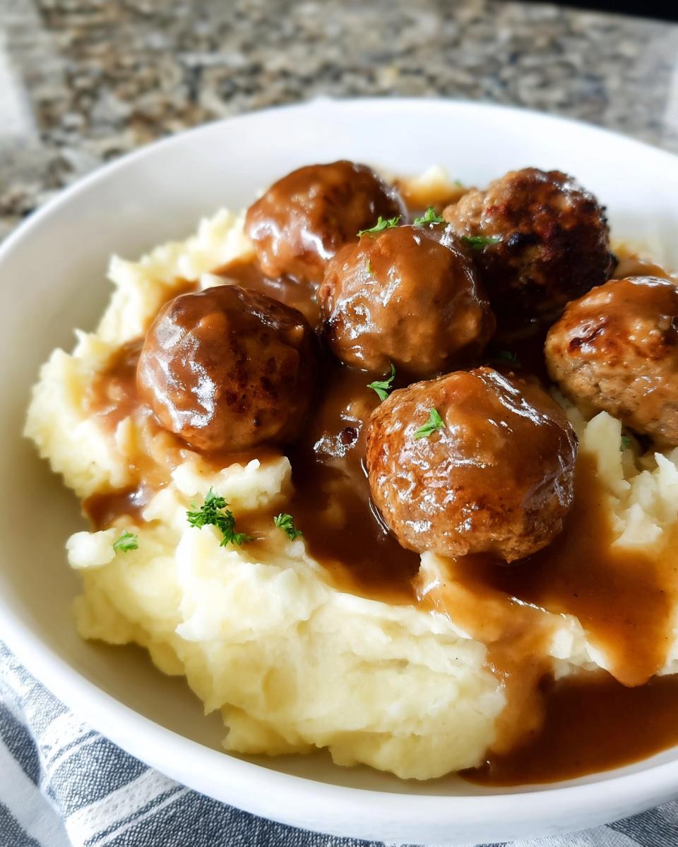Close-up of Salisbury Steak Meatballs with Garlic Herb Mashed Potatoes, drizzled with savory brown gravy and garnished with parsley.