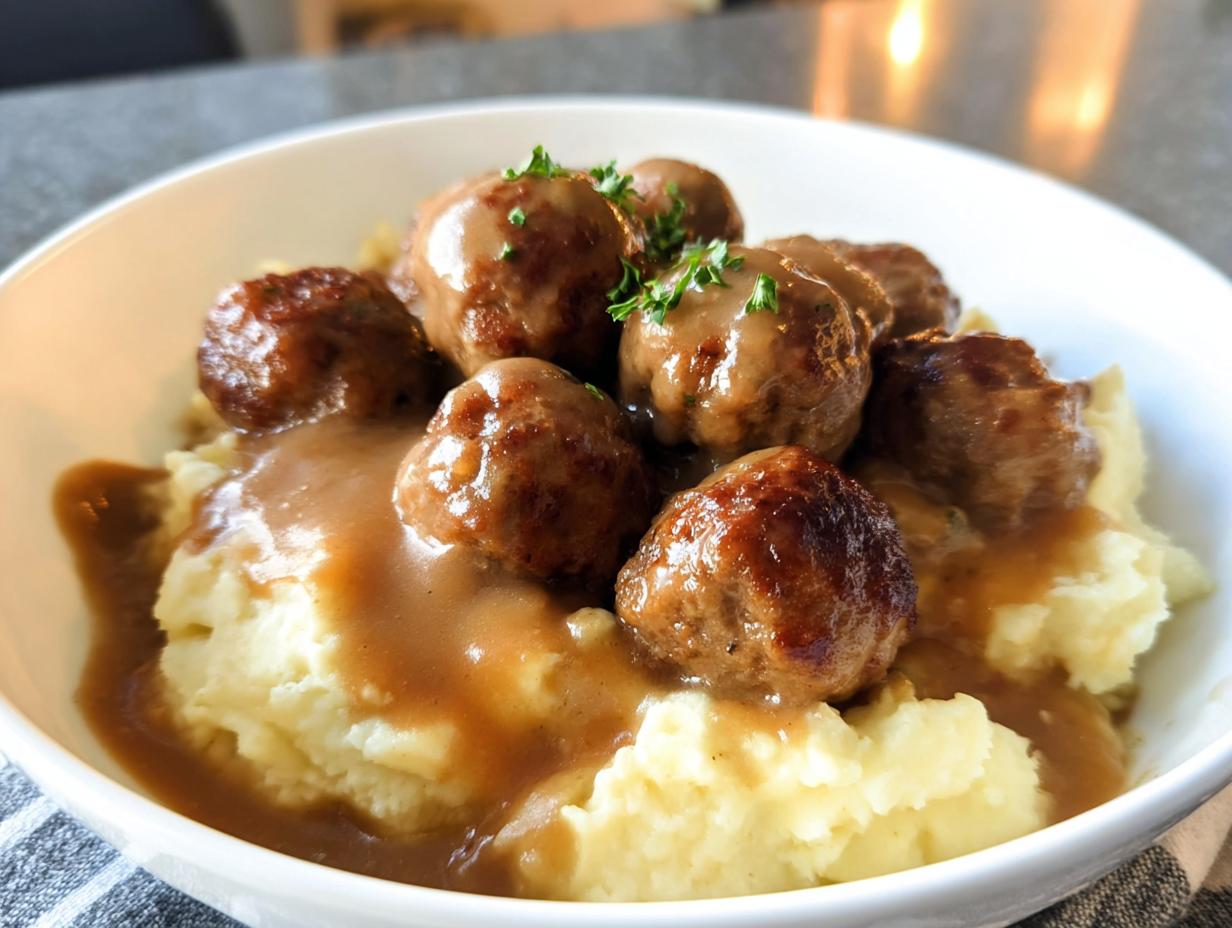 A bowl of Salisbury Steak Meatballs covered in gravy, served over creamy Garlic Herb Mashed Potatoes, garnished with parsley.