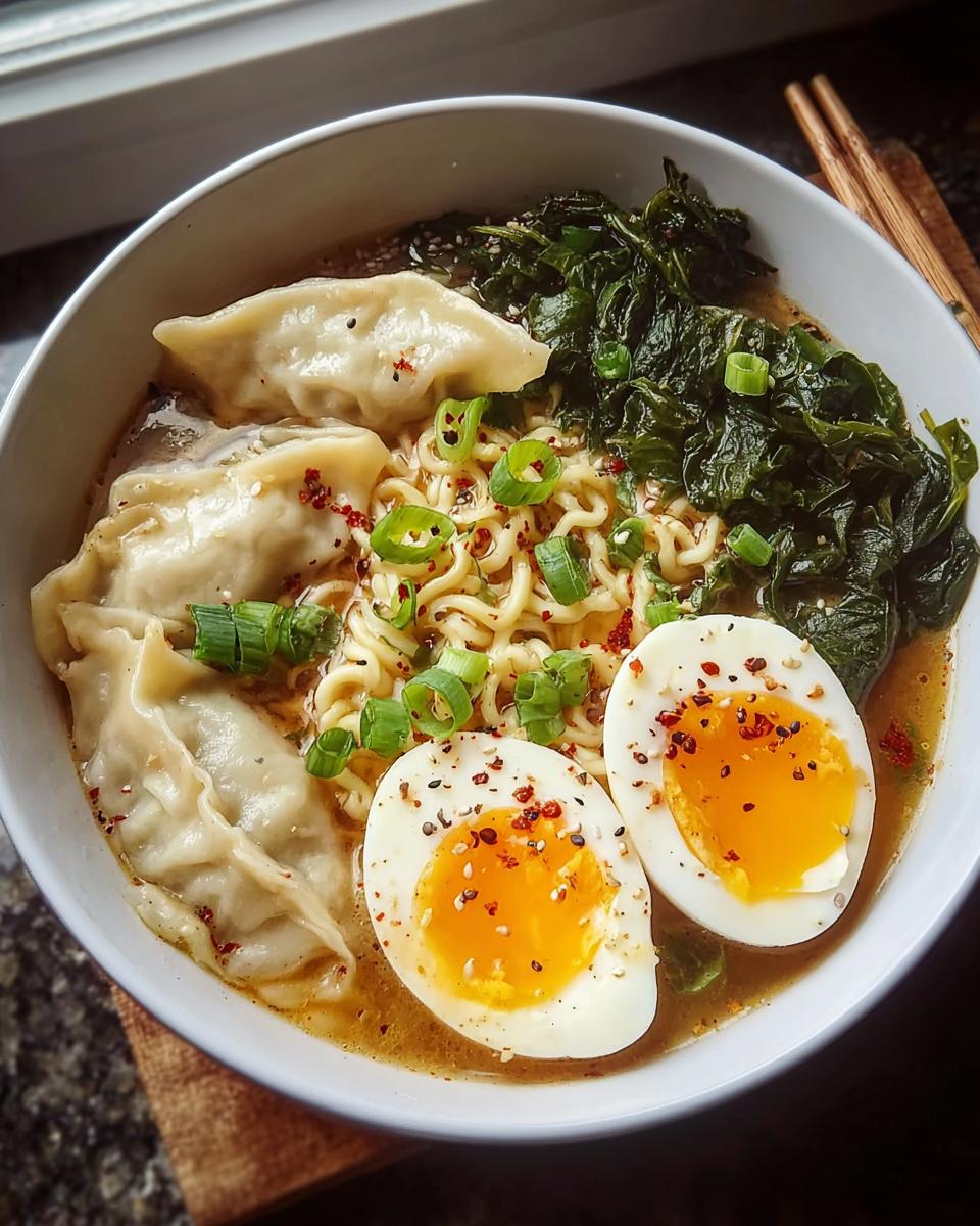 A close-up of a Savory Dumpling Ramen Bowl with soft-boiled eggs, dumplings, noodles, and fresh greens.
