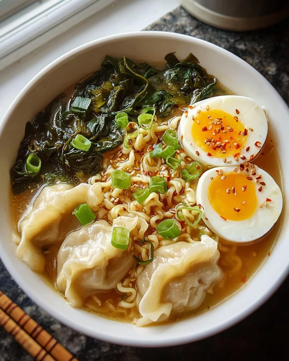A close-up of a Savory Dumpling Ramen Bowl with soft-boiled eggs, noodles, dumplings, and fresh greens.