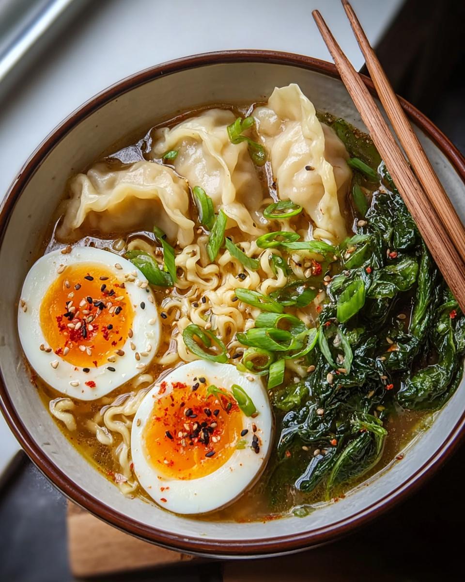 A close-up of a Savory Dumpling Ramen Bowl with soft-boiled eggs, dumplings, ramen noodles, and fresh greens.