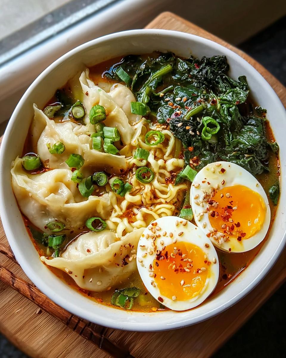 A close-up of a Savory Dumpling Ramen Bowl with Soft-Boiled Eggs, featuring dumplings, noodles, greens, and chili flakes.
