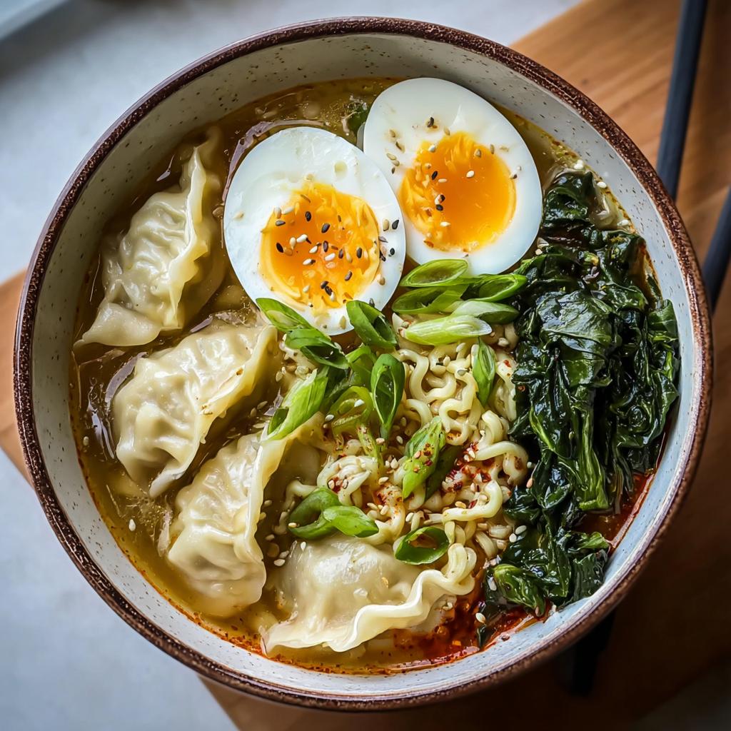 Top-down view of a Savory Dumpling Ramen Bowl with Soft-Boiled Eggs, noodles, dumplings, and greens.