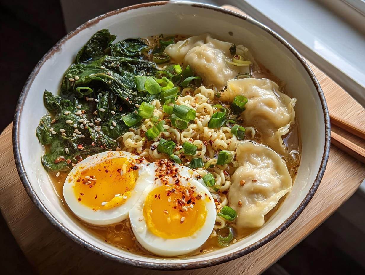 A close-up of a Savory Dumpling Ramen Bowl with soft-boiled eggs, dumplings, noodles, and fresh greens.