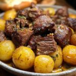 A close-up of tender Slow Cooker Garlic Butter Beef with Potatoes, glistening in a savory sauce.