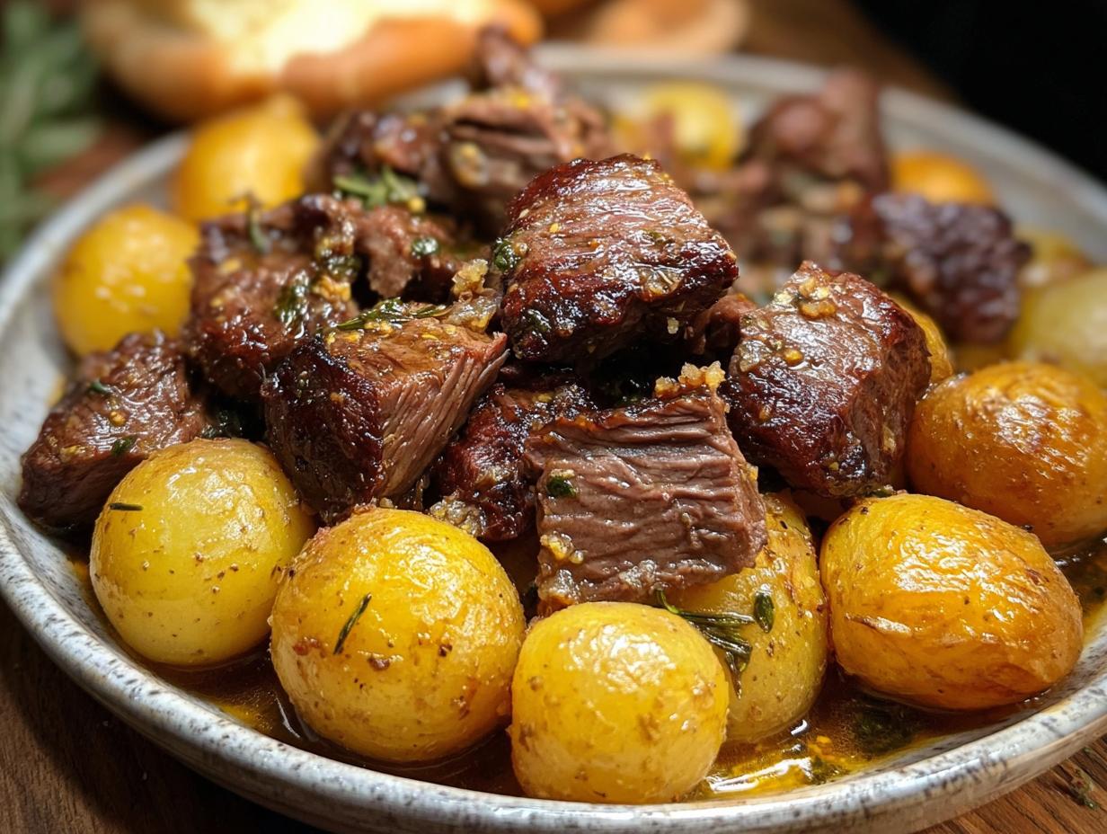A close-up of tender Slow Cooker Garlic Butter Beef with Potatoes, glistening in a savory sauce.