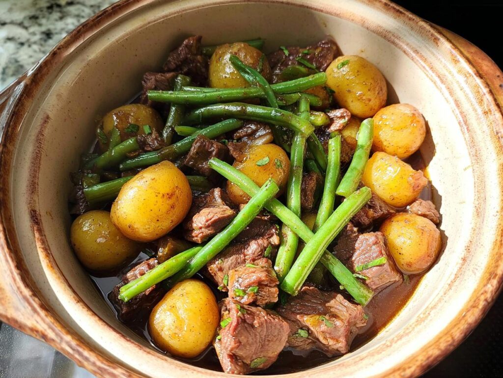 A rustic bowl filled with tender Slow Cooker Garlic Butter Beef with Potatoes and fresh green beans, garnished with herbs.