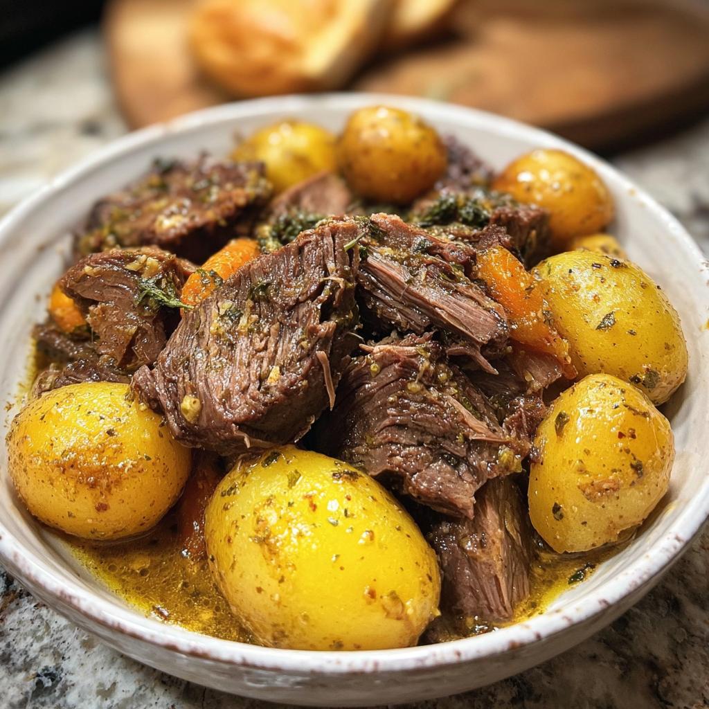 A bowl of tender Slow Cooker Garlic Butter Beef with Potatoes, glistening with savory sauce and herbs.