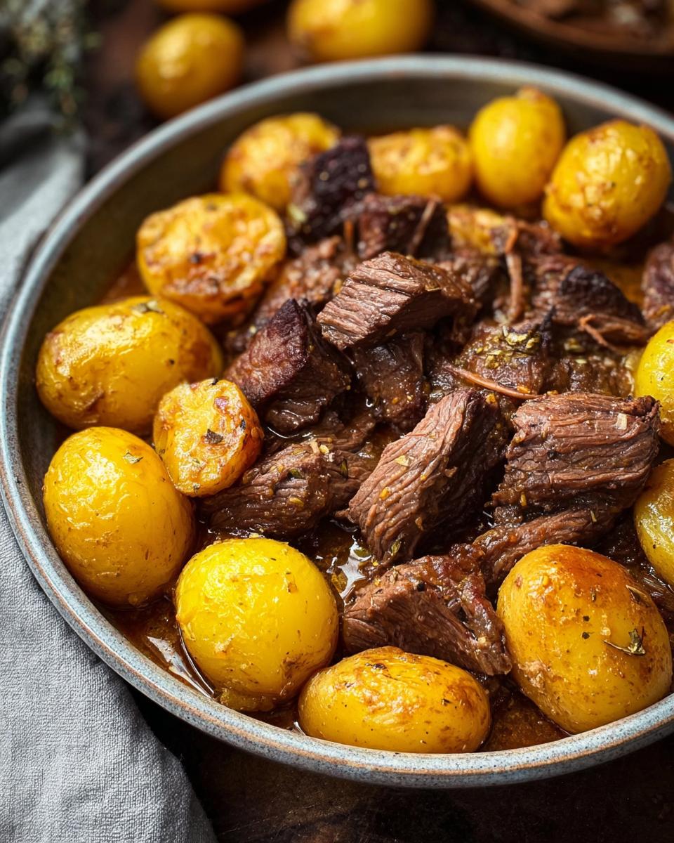 Close-up of tender chunks of Slow Cooker Garlic Butter Beef with Potatoes in a rustic bowl.
