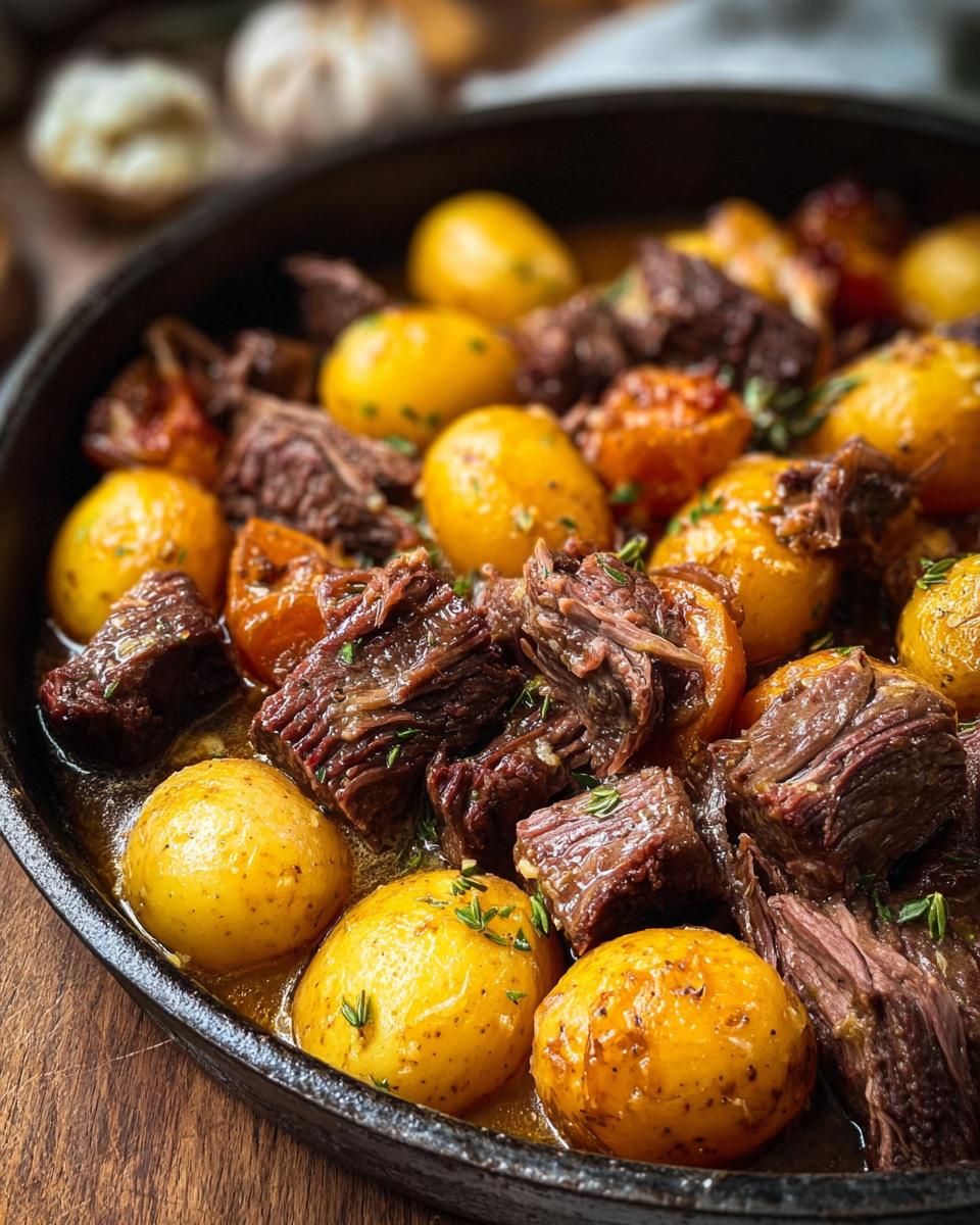 Close-up of tender Slow Cooker Garlic Butter Beef with Potatoes in a cast iron skillet, garnished with herbs.