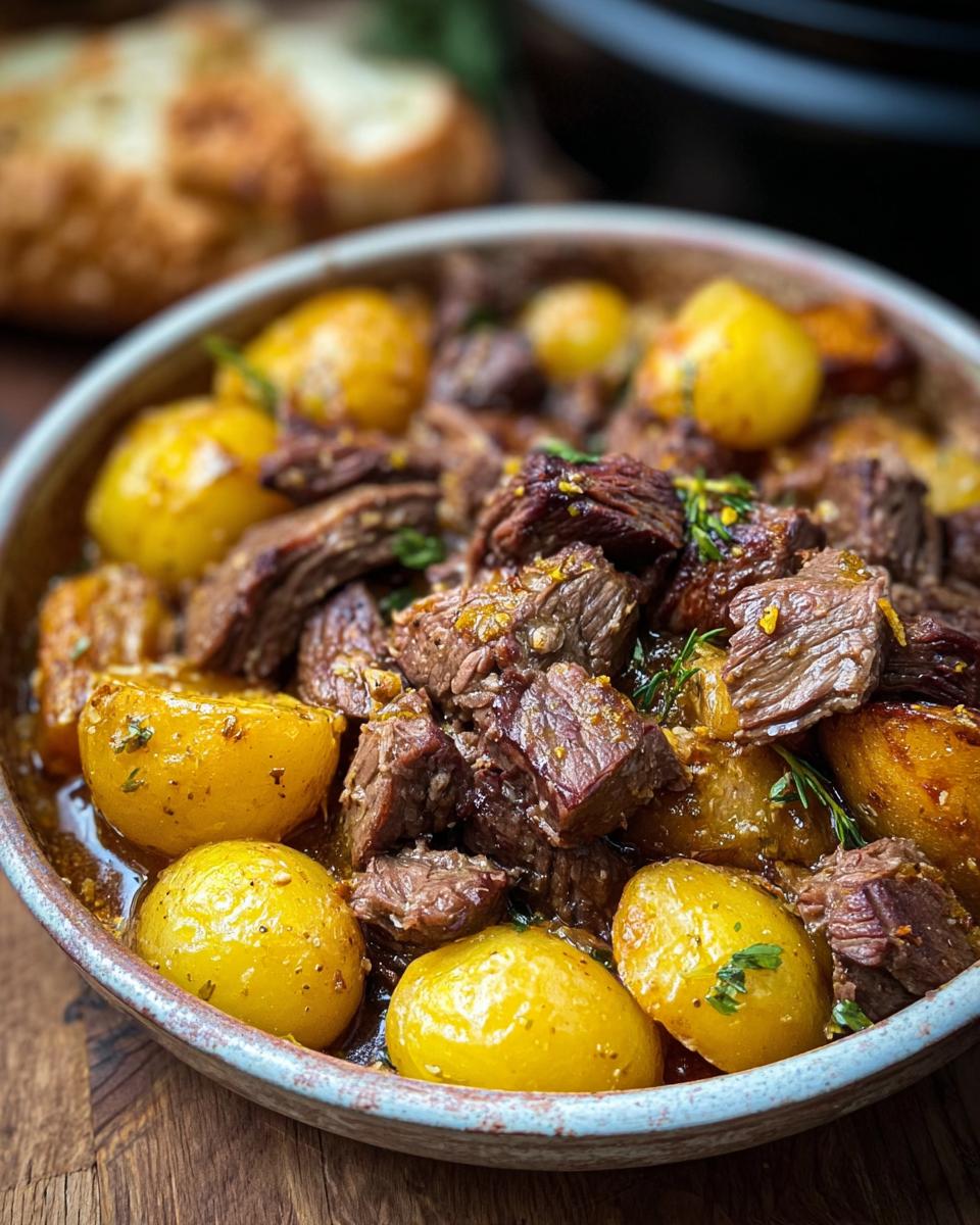 A bowl of slow cooker garlic butter beef with potatoes, garnished with herbs.
