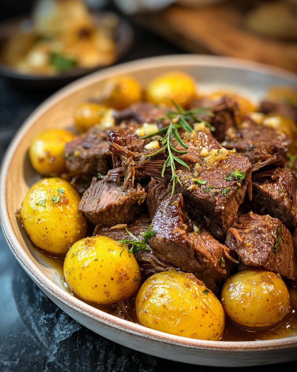 A bowl of tender Slow Cooker Garlic Butter Beef with Potatoes, garnished with rosemary and herbs.