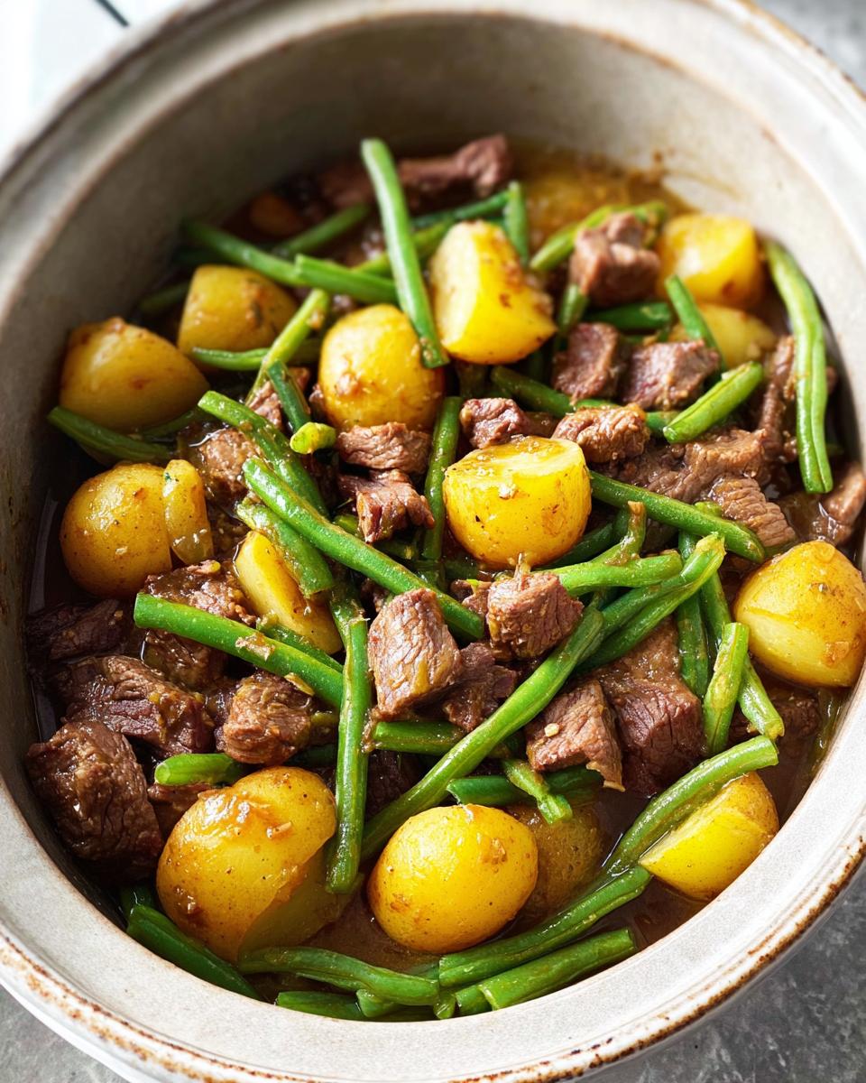 Close-up of Slow Cooker Garlic Butter Beef with Potatoes and Green Beans in a rustic pot.
