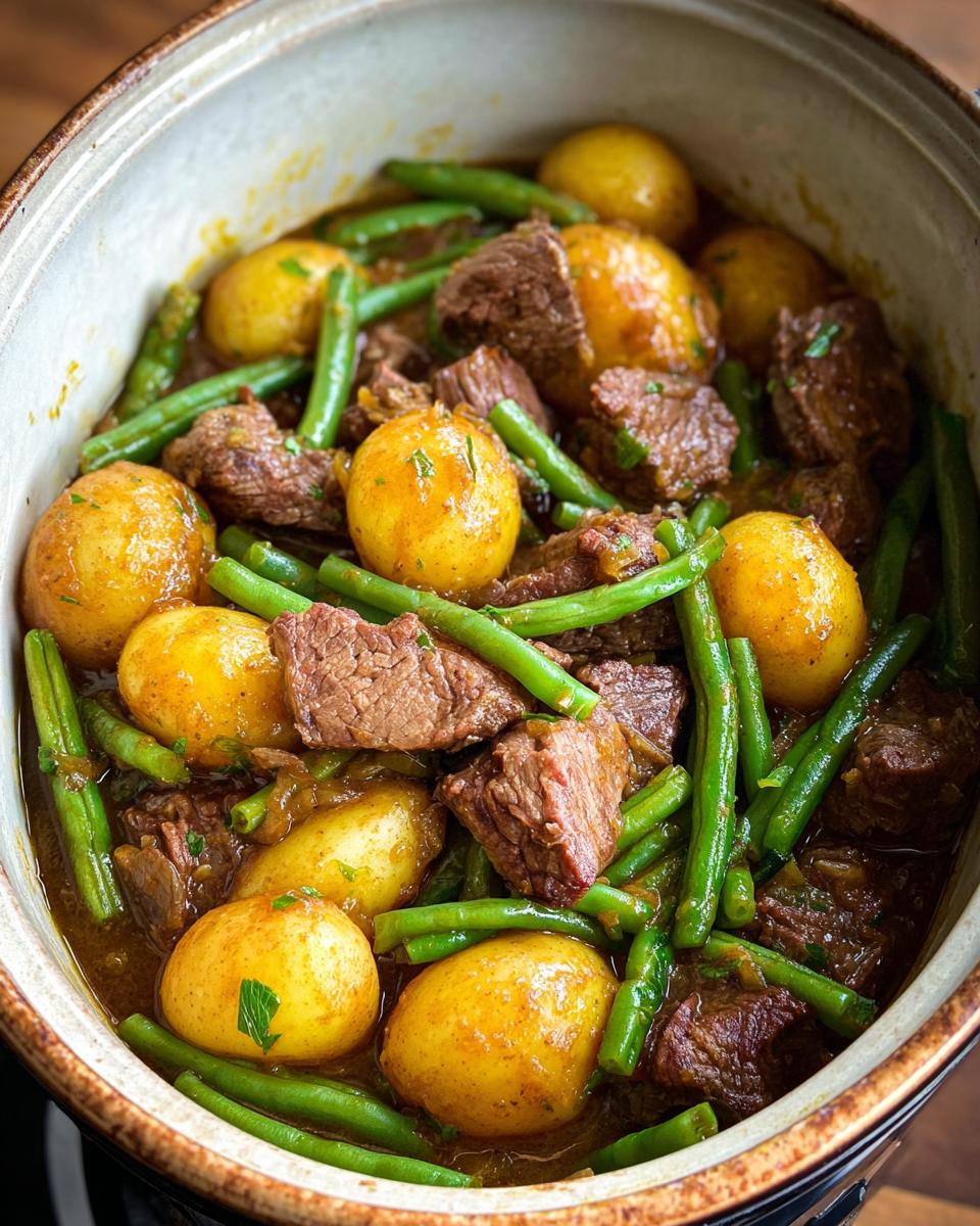 A close-up overhead view of Slow Cooker Garlic Butter Beef with Potatoes and Green Beans in a pot.
