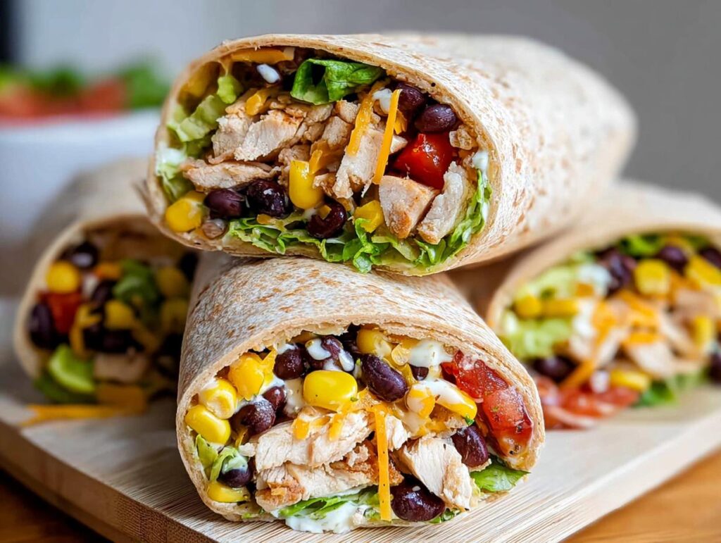 Close-up of two Southwest Chicken Wraps filled with chicken, black beans, corn, lettuce, and cheese.