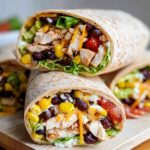 Close-up of two Southwest Chicken Wraps filled with chicken, black beans, corn, lettuce, and cheese.