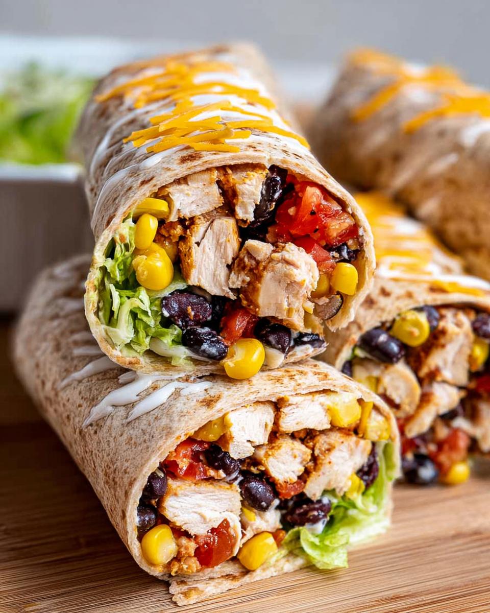 Close-up of stacked Southwest Chicken Wraps filled with chicken, black beans, corn, tomatoes, and lettuce, drizzled with sauce and topped with cheese.
