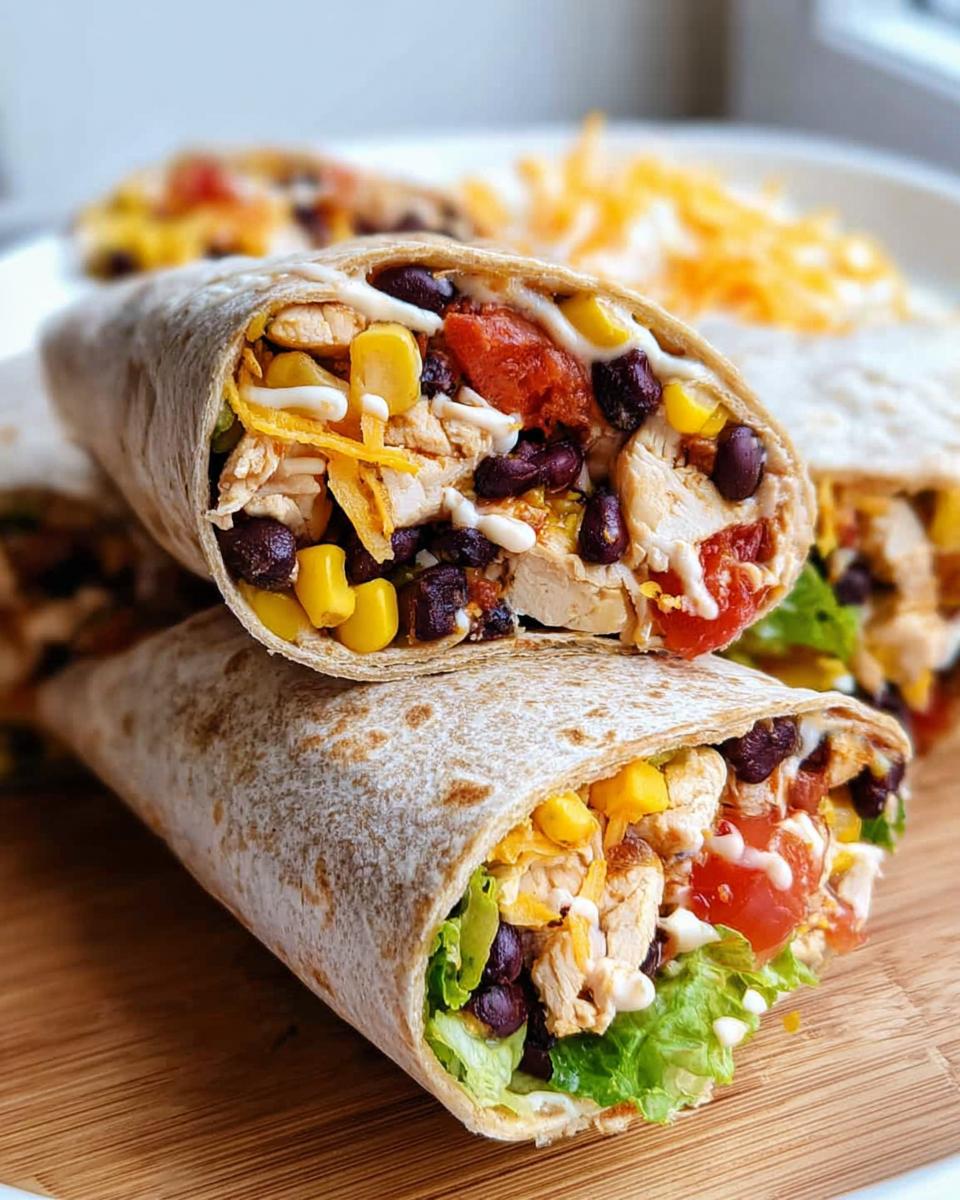 Close-up of a halved Southwest Chicken Wrap filled with chicken, black beans, corn, lettuce, and tomatoes.
