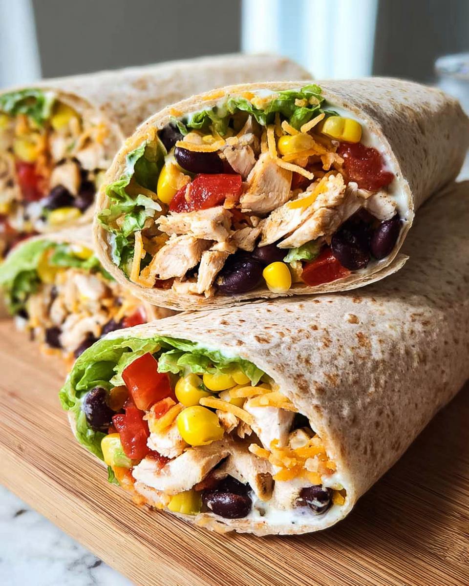 Close-up of Southwest Chicken Wraps filled with shredded chicken, black beans, corn, tomatoes, lettuce, and cheese.