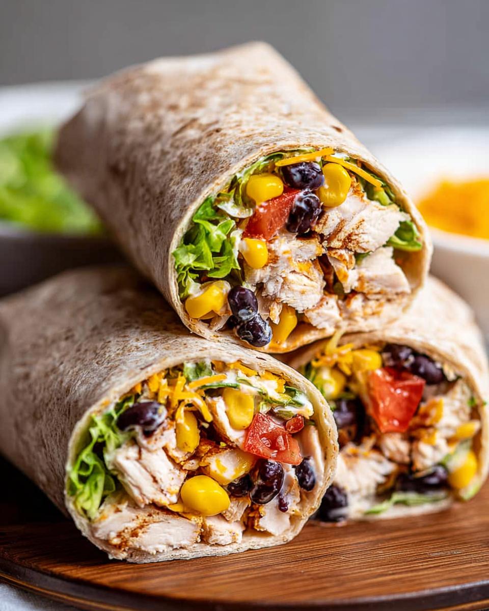 Three Southwest Chicken Wraps filled with chicken, black beans, corn, tomatoes, and lettuce.